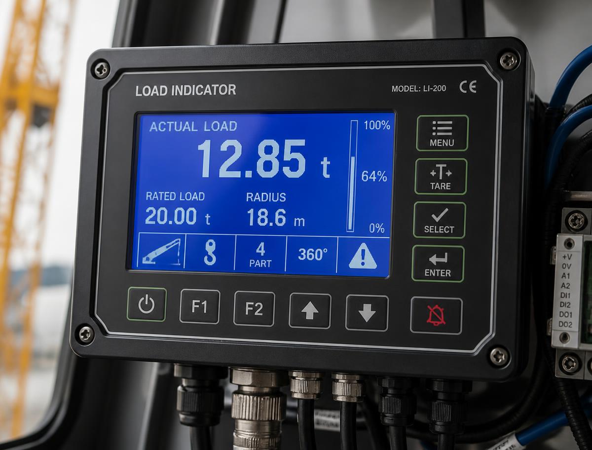 Sushitech safe load indicator control panel displaying actual load, rated load and radius